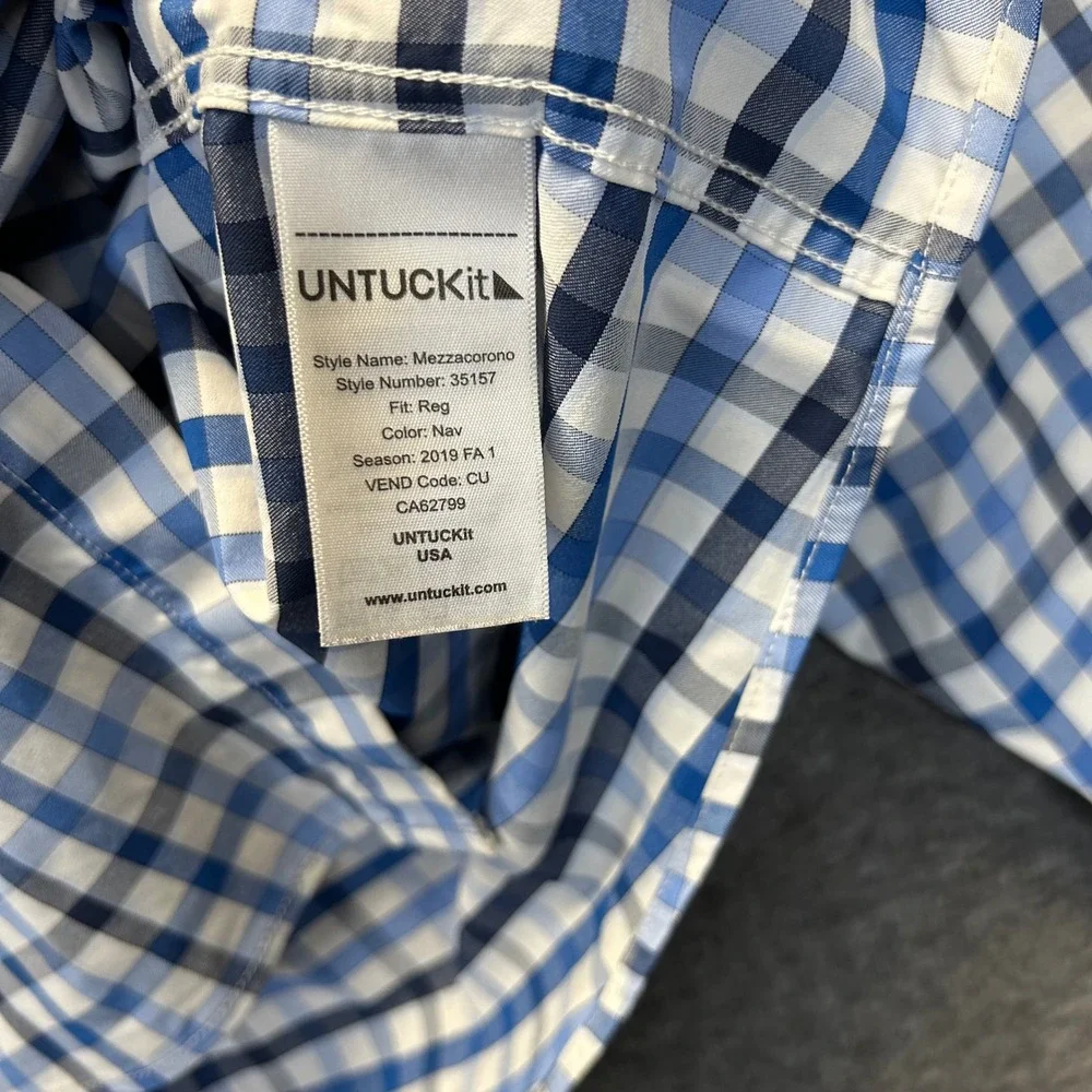 UNTUCKit Mezzacorono Mens XXXL Regular Fit Navy Blue Gingham Check Shirt 35157